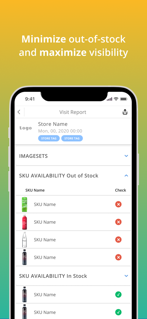 Mobile app screen showing a retail visit report with stock availability and SKU lists.