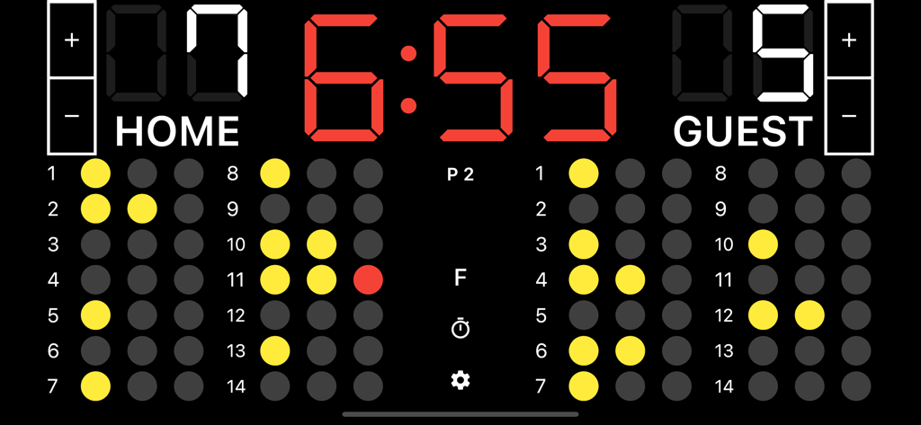 A digital water polo scoreboard app interface showing a 6:55 game timer, team scores of 7 and 5, and individual player foul tracking dots.