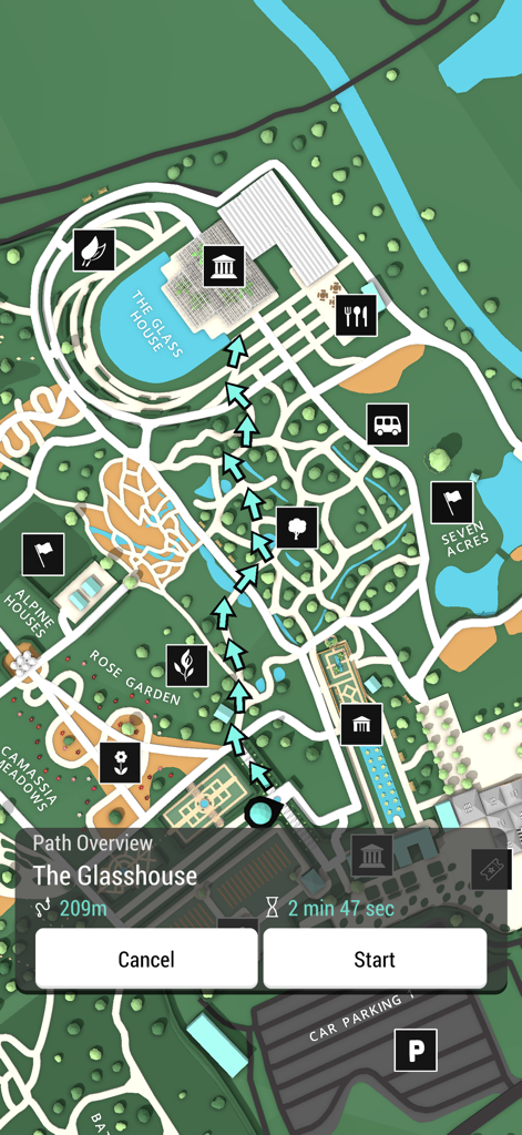 Wisley Gardens Interactive Map - A 3D interactive map showing a navigation route to The Glasshouse at Wisley Gardens