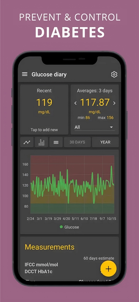 Glycemic Index Load Net Carbs - Glucose diary interface showing blood sugar readings and a progress chart for diabetes control