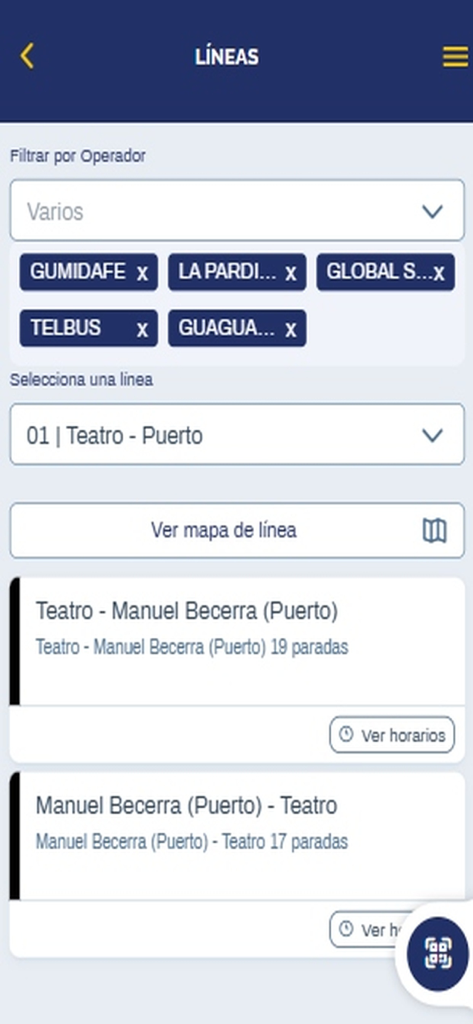 AUTGC - Interfaz móvil de la aplicación AUTGC que muestra líneas de autobús y rutas de transporte en Gran Canaria