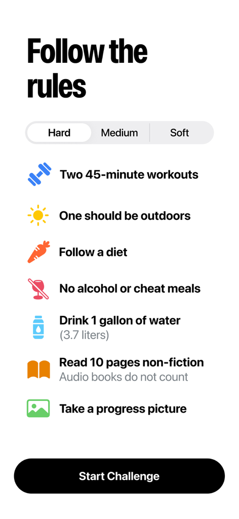 BeHard app interface showing the daily rules for the 75 Hard challenge including two workouts and a gallon of water