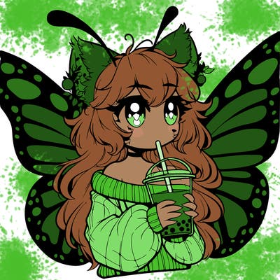 a realistic butterfly/furry girl drinking boba