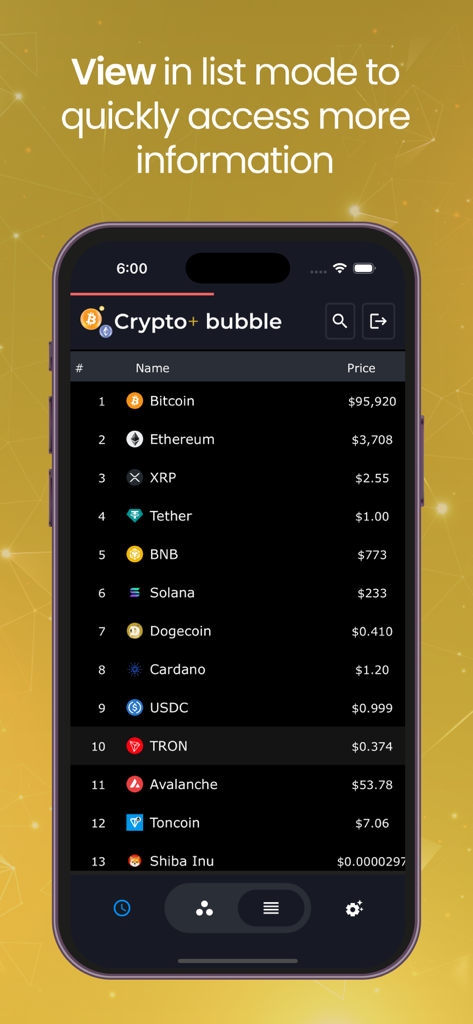 Crypto Plus Bubbles - Una vista de lista que muestra las principales criptomonedas por rango y precio dentro de la aplicación Crypto Plus Bubbles