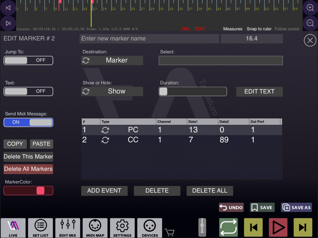 Live Multitrack 2 - Interfaz para editar marcadores de canciones y eventos MIDI en Live Multitrack 2 en iPad.