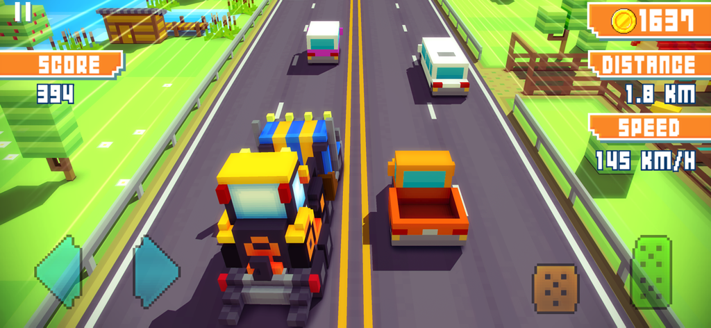 Voxel tractor racing on a highway in Blocky Highway mobile game