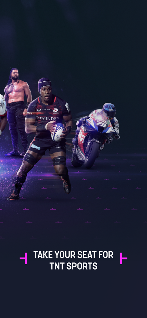 TNT Sports: News & Results - TNT Sports App-Startbildschirm mit Rugby-, MotoGP- und Wrestling-Sportlern