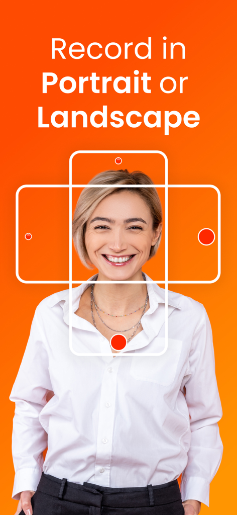 A woman smiling within graphical frames representing portrait and landscape recording modes on an orange background.