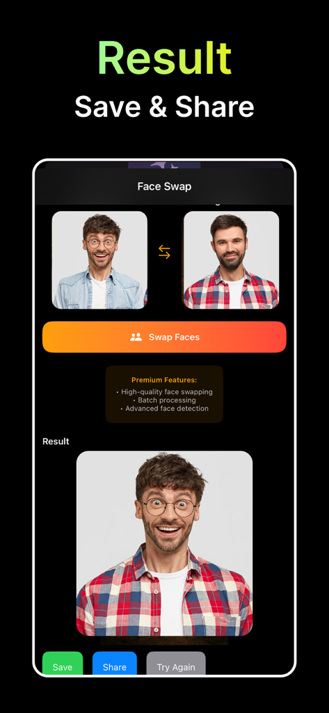 AI Photo and Video Generator - Oberfläche der KI-Foto- und Video-Generator-App, die ein Face-Swap-Ergebnis mit Speicher- und Freigabeoptionen anzeigt