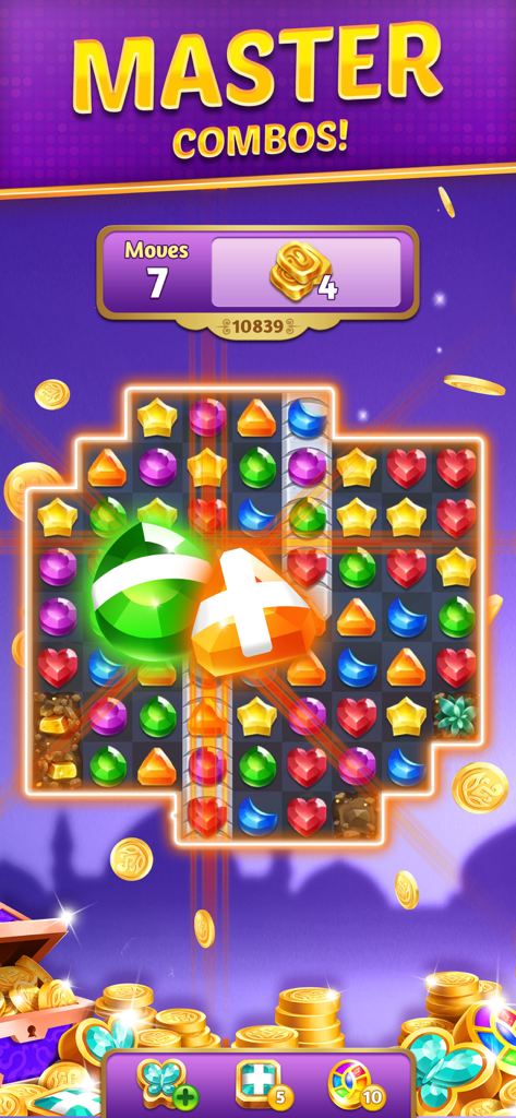 強力なジェムの組み合わせとマスターコンボが表示されたマッチ3パズルボードのGenies & Gemsゲームプレイのスクリーンショット。