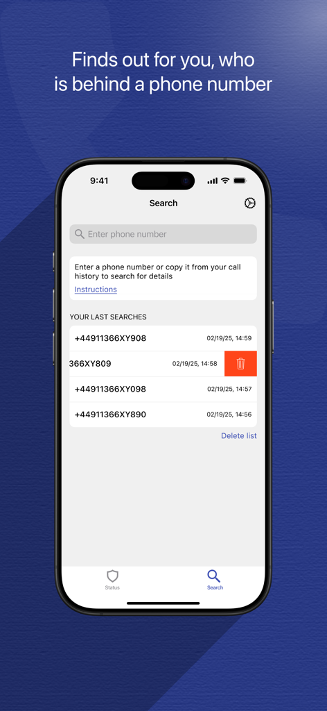 Clever Dialer Rückwärtssuchbildschirm für Telefonnummern zeigt den Suchverlauf an.