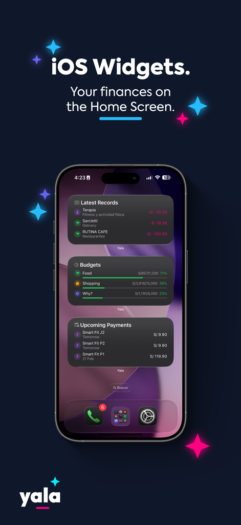Yala App Widgets auf einem iPhone-Startbildschirm, die Ausgabenaufzeichnungen und Budgetverfolgung anzeigen