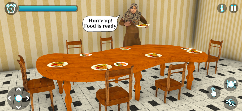A woman in a hijab serves plates of food at a large dining table in the Muslim Sim game.
