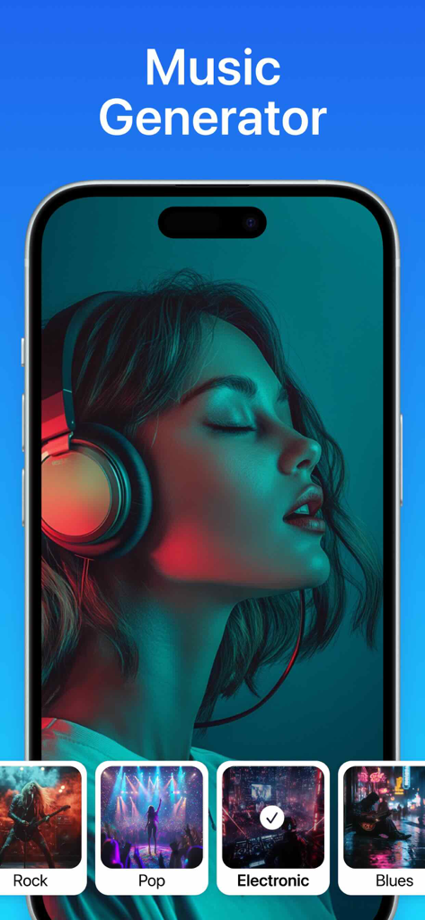 Mary AI Video Image Generator - Mary AI music generator interface with genre selection tiles for Rock Pop Electronic and Blues