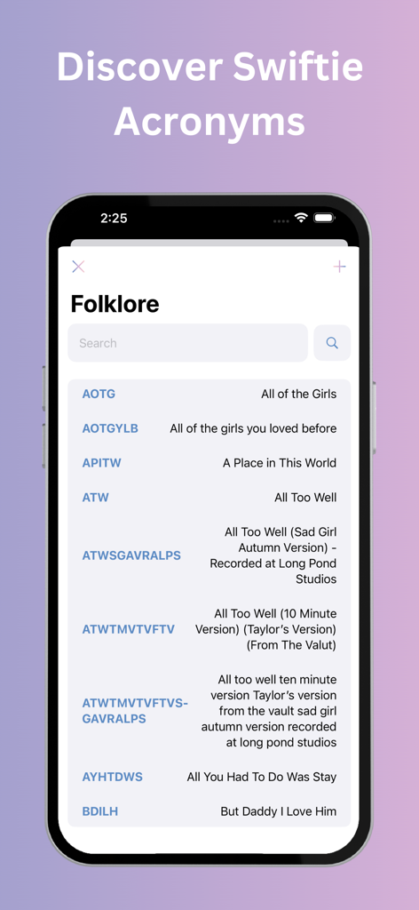 Swift Space - Find Swifties - Swift Space app screen displaying a glossary of Taylor Swift song acronyms and their full titles