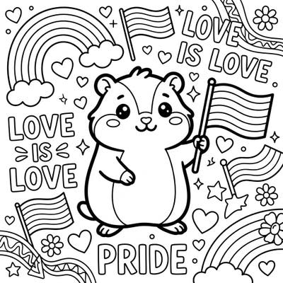 Join this cute Kawaii lemming in a joyful celebration of Pride! This delightful coloring page is filled with symbols of love, diversity, and acceptance, ready for your creative touch.