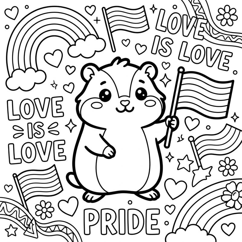 Join this cute Kawaii lemming in a joyful celebration of Pride! This delightful coloring page is filled with symbols of love, diversity, and acceptance, ready for your creative touch.