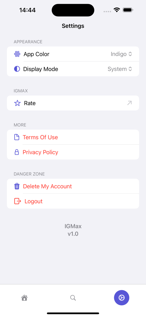 Interface des paramètres de l'application IGMax Postegro Réseaux Sociaux montrant les options d'apparence et de compte.