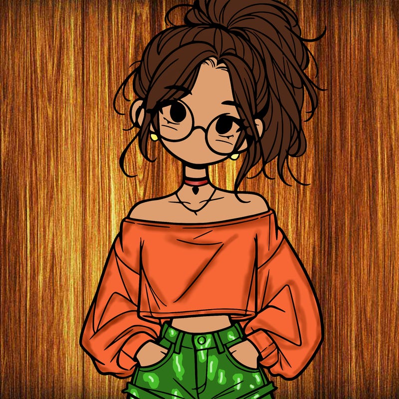 girl with a messy ponytail glasses a baggy crop top and jean shorts