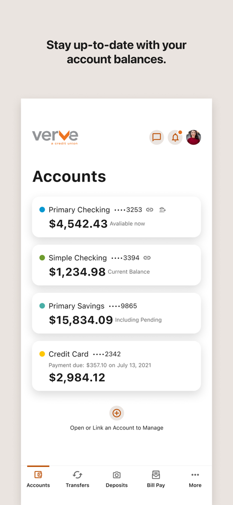 Verve Mobile - Verve Mobile app interface displaying checking and savings account balances