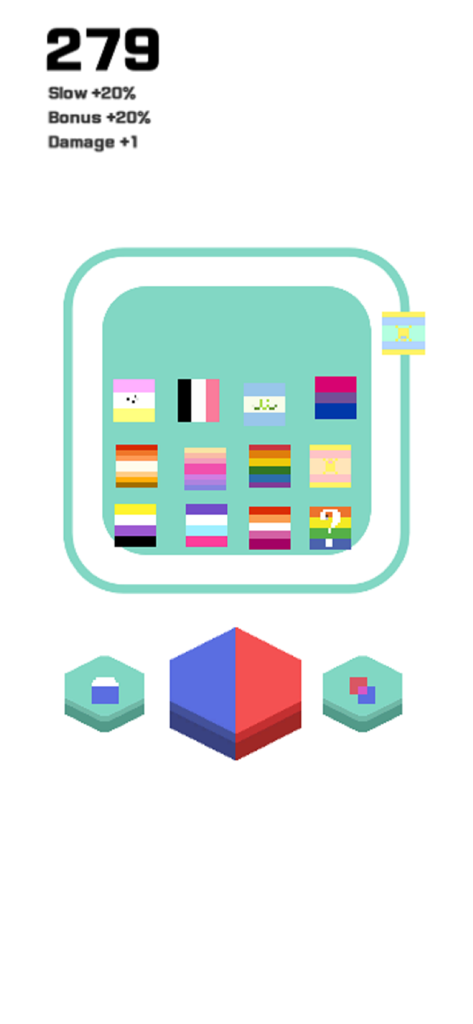 LGBT Cube Merge Defense - A screenshot of the LGBT Cube Merge Defense mobile game showing a grid of cubes decorated with various pride flags