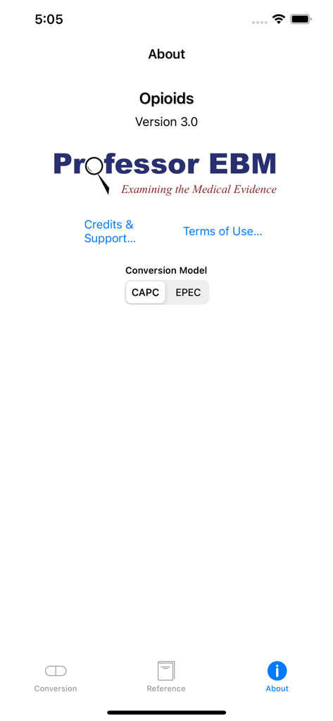 Schermata "Informazioni" dell'app Conversione del Dosaggio degli Oppioidi che mostra il logo Professor EBM e le impostazioni del modello di conversione per CAPC ed EPEC.