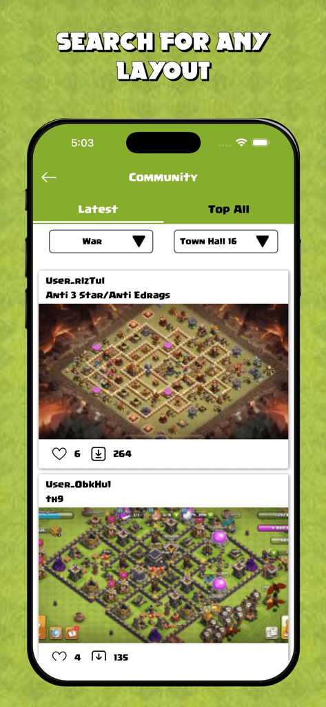A search interface for Clash of Clans base layouts with filters for Town Hall level and game mode