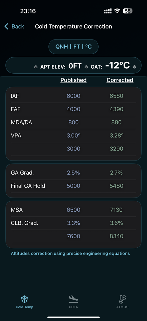 ColdTempCorr - Aviation app interface displaying published and corrected altitudes for pilot safety in cold temperatures