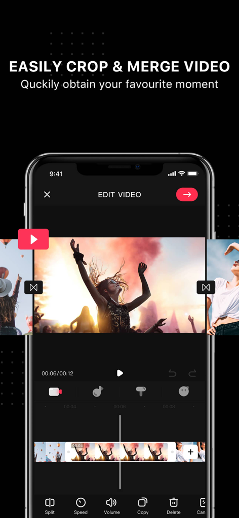 Video Editor . - Mobile interface of the Video Editor app showing tools to crop and merge video clips for social media
