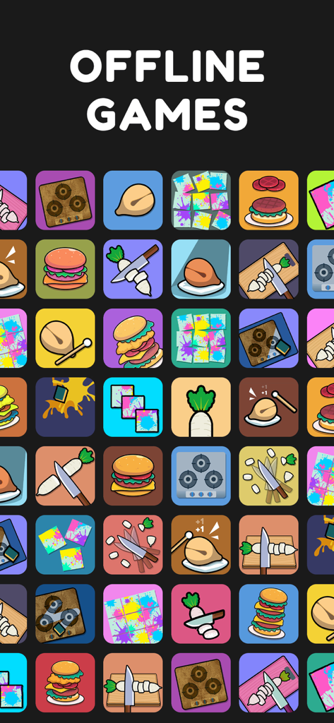 Antistress Toys -No Wifi Games - Una cuadrícula de íconos coloridos que representan varios mini-juegos sin conexión para aliviar el estrés y la relajación.