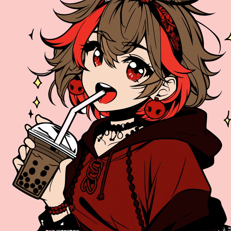 hot baddie anime girl drinking boba and biting the straw