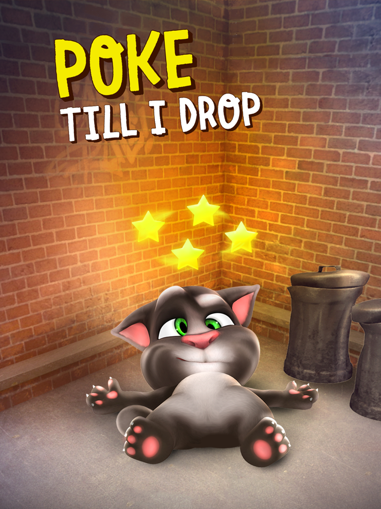 Talking Tom Cat lying on the ground with stars over his head and text saying Poke Till I Drop