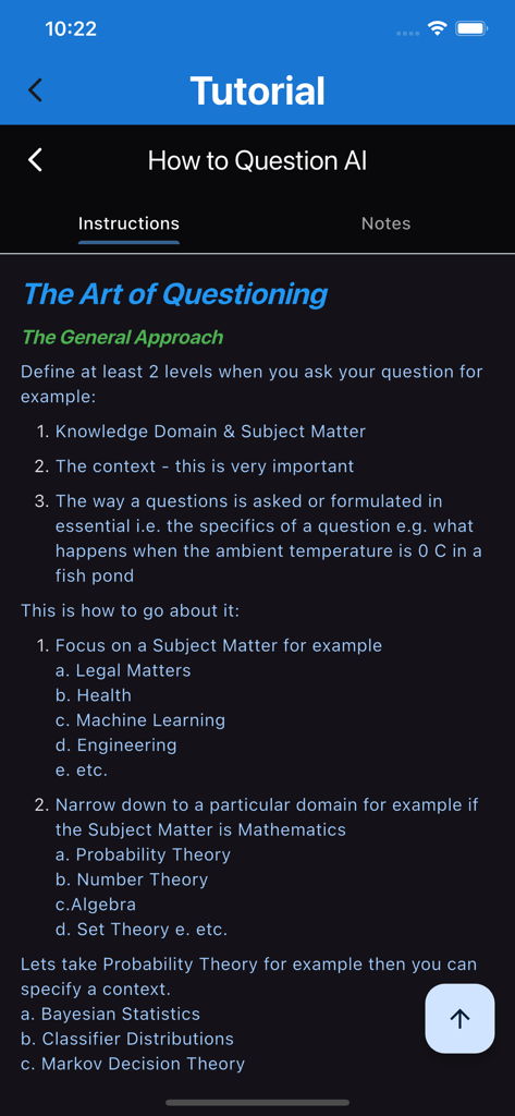treillint.proquo3 - Uma tela de tutorial no aplicativo Proquo intitulada A Arte de Questionar explicando como estruturar prompts de IA usando domínio do assunto e contexto