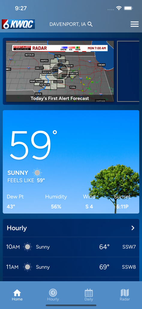 KWQC First Alert Weather app main screen showing the current temperature and forecast for Davenport Iowa