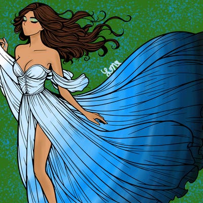 realistic woman in dress flowing the the wind