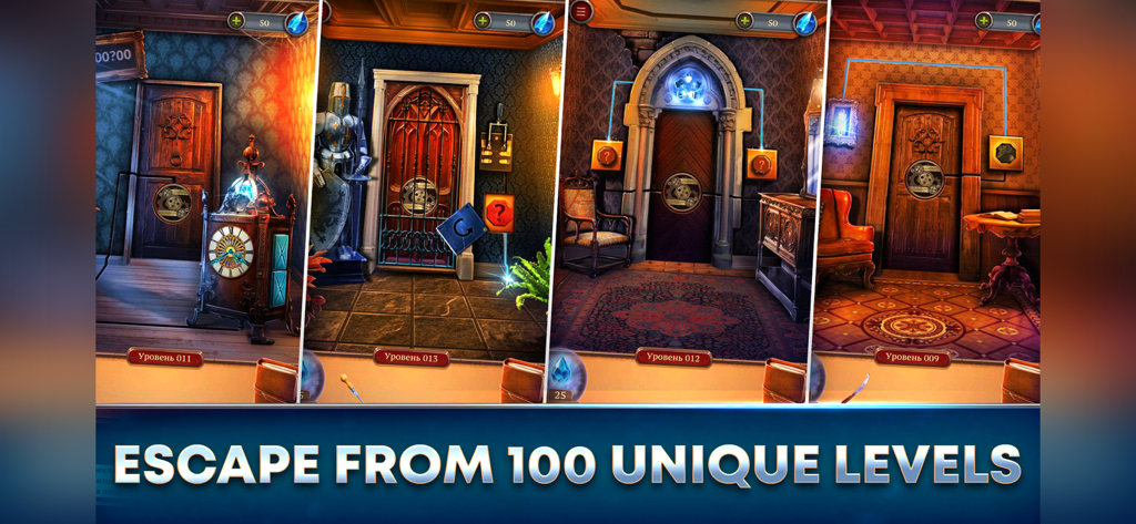 100 Doors Escape Room - Un collage montrant quatre niveaux d'énigmes uniques avec des portes de style victorien atmosphériques du jeu mobile 100 Doors Escape Room