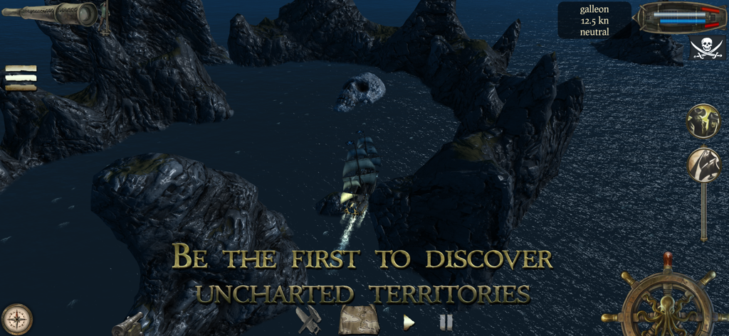 Pirate ship sailing in dark waters towards a skull shaped rock formation in an open world