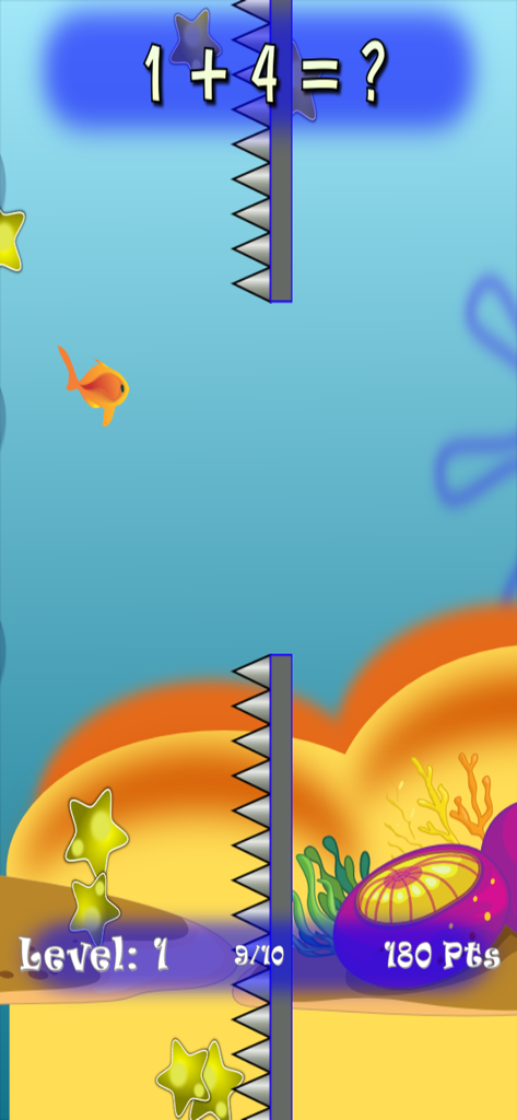 Fish Math Trainer - Screenshot of Fish Math Trainer game showing an addition problem and an orange fish swimming in an underwater level