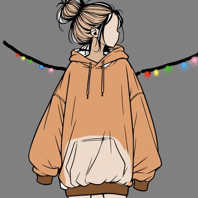 realistic girl with a oversized sweatshirt on and a bun