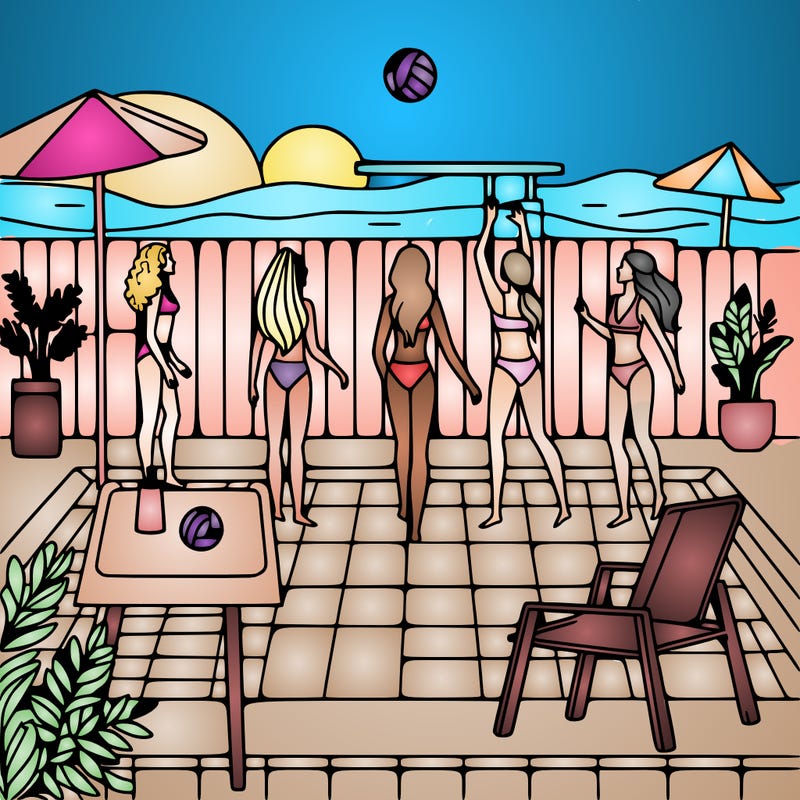 pool with girls playing volleyballs in pool