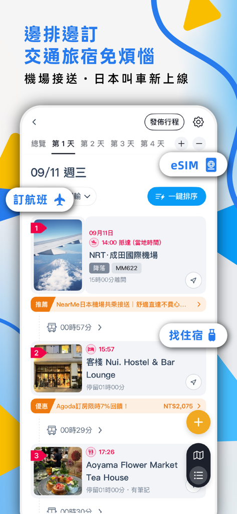 去趣 chicTrip - Interfaccia dell'app mobile che mostra un itinerario di viaggio per un viaggio in Giappone, con arrivo in aereo all'aeroporto di Narita, soggiorno in ostello e visita a un caffè locale con pulsanti di prenotazione per eSIM e voli.