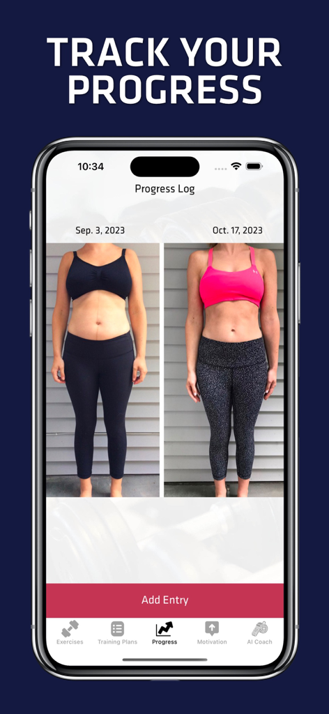 Before and after fitness photos on a mobile progress tracker app for women