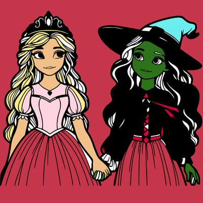a princess and a witch holding hands realistic