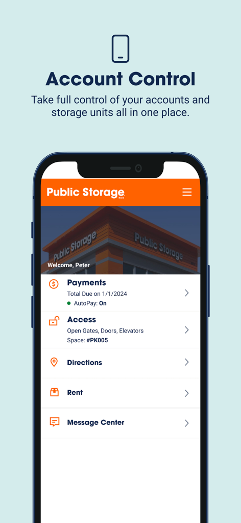 Public Storage - Public Storage app account control dashboard showing payments access and rental management options