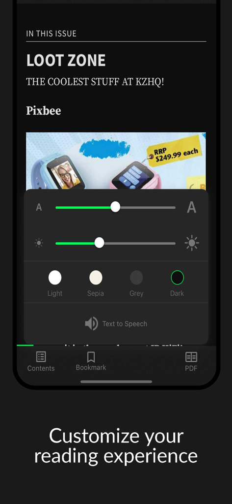 Oberfläche der K-Zone Magazin App, die Einstellungen zur Leseanpassung zeigt, einschließlich Helligkeit, Schriftgröße und Dunkelmodus