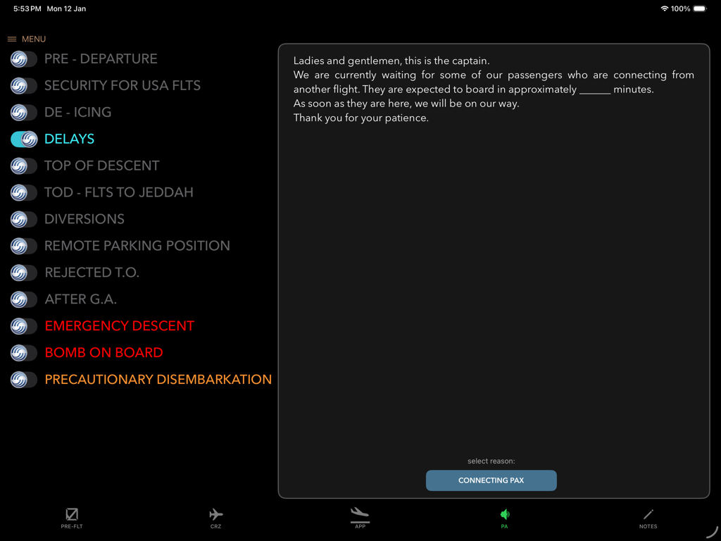 A380 Clipboard - A pilot public address script for flight delays due to connecting passengers within the A380 Clipboard app.