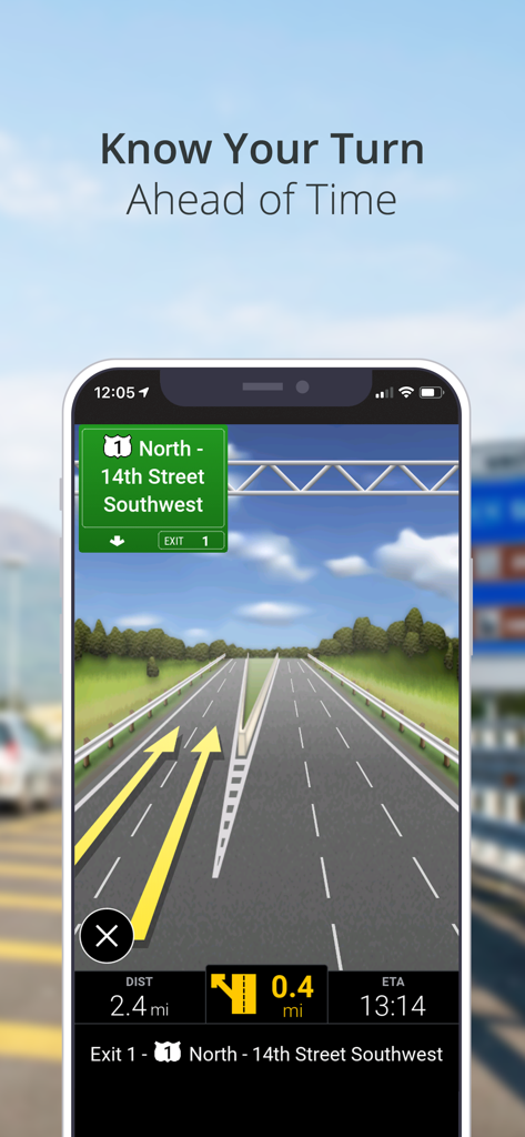 CoPilot GPS Navigation - Interfaccia dell'app di navigazione CoPilot GPS che mostra l'assistenza di corsia in autostrada e le informazioni sui segnali di uscita