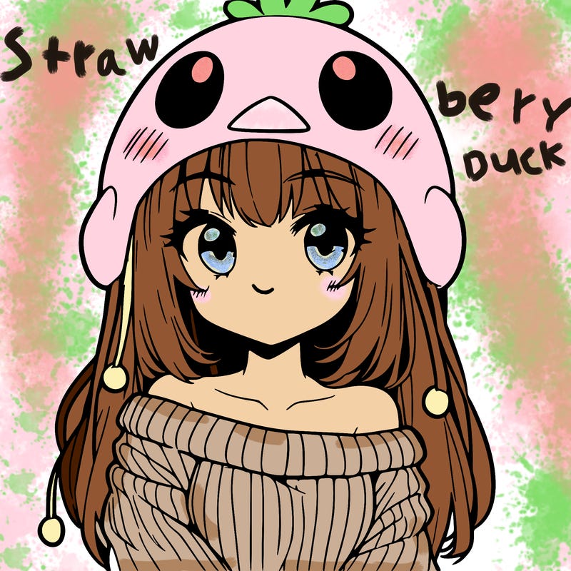 anime girl with chick shaped hat with sweater with bare shoulders with bangs covering them one eye with low tail