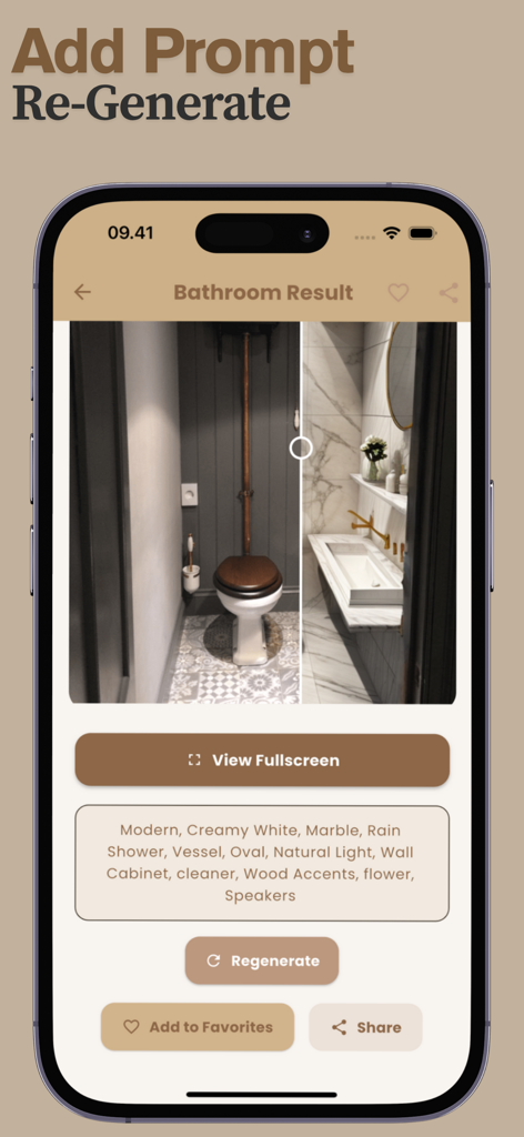 AI Bathroom Design app interface showing a side by side before and after renovation comparison with a modern marble design