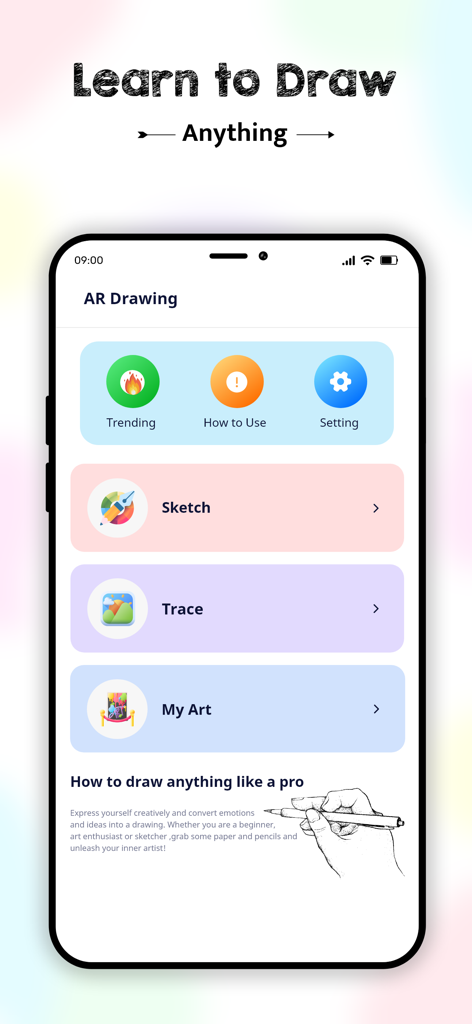 Pantalla de inicio de la aplicación AR Drawing mostrando opciones de menú para Bocetar, Trazar y Mi Arte junto con un encabezado Aprende a Dibujar.